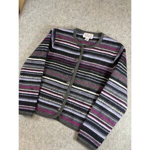 VINTAGE Tally Ho Cardigan Womens Purple Striped Wool Sweater 90s Retro Medium
